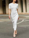Purpdrank  Women Elegant Slim Bodycon Midi Party Dress Short Sleeve Solid Cable Knit Dress
