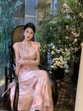 Purpdrank  Chinese Style Light Pink Cheongsam Dress Women Elegant Floral Print Party Dress Summer Short Sleeve Stand Collar A Line Chipao