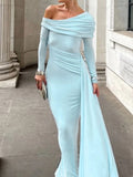 Purpdrank  Autumn Sexy Slanted Shoulder Wrap Hip Dress Women's Casual Long Sleeves Solid Gowns Dress Elegant Split Draped Long Party Dress
