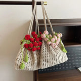 Purpdrank  Rose Crochet Handbag Spring Cute Knitted Shoulder Bag Romantic Designer Floral Hollowed Out Ladies Shoulder Bag Armpit Bag