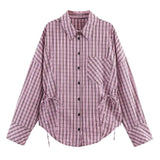 Purpdrank  Spring Summer Fashion Pink Plaid Lapel Collar Long Sleeve Shirt Women Side Lacing up Bow Waist Loose Asymmetry Blouses Tops