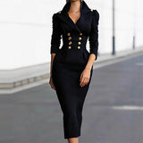 Purpdrank  Elegant Lapel V-neck Commuting Long Dress Casual Long Sleeves Draped Wrap Hip Dress Women Fashion Button Slim Solid Party Dress