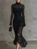 Purpdrank  Elegant Solid Color Slim Evening Dress Spring Summer New Irregular Maxi Dress Lady Sexy Lace Embroidery Turtleneck Banquet Dress