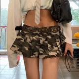 Purpdrank  Sexy Low Waist Camouflage Pleated Mini Skirts Womens 2025 New Fashion Drawstring Bandage Zipper Y2K Summer Skirt With Rivet Belt