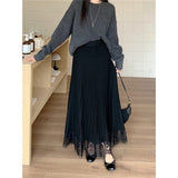 Purpdrank  Elegant Knitted Midi Skirt Women Fashion Lace Patchwork Black Pleated Skirts Winter Ladies Korean High Waist A Line Faldas New