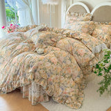 Purpdrank  100% Cotton Korean Princess Style Flowers Prints Lace Ruffles Bedding Set Duvet Cover 1.2M/1.5M/1.8M/2M Bed Skirt Pillowcases