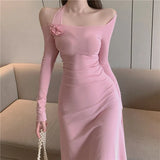 Purpdrank  Celebrity Sexy Off Shoulder Irregular Dress Fashion Summer Spring Long Sleeves Slim Waist Midi Dress Spicy Sheath Pink Vestidos