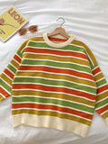 Purpdrank - New Women Stripe Sweater Autumn Winter Loose Long Sleeve Pullover Tops Korean Ladies Knitted Patchwork Korean Sweaters