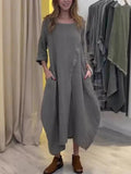 Purpdrank  Summer Fashion New Women's Elegant Loose Cotton Hemp Dress Round Neck Solid Color Half Sleeve Long Dress