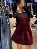Purpdrank  Red Velvet Halter Short Dress Velvety V-Neck Fashion Sleeveless Elegant Waist Cinching French Dress Party Gown Women's Clothing