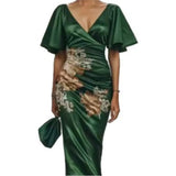 Purpdrank  Digital Printed Pleated Flower Dress Spring Summer Women's New V-neck Short-sleeved Long Dress