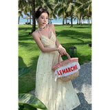 Purpdrank  Little Yellow DressVHalter Neck Floral Dress Summer Dopamine Style French Waist-Cinching Long Dress