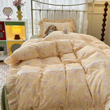 Purpdrank  Double Layer Yarn Pure Cotton French Floral Lace Ruffles Bedding Set Duvet Cover Set Pillowcases With Flat/Fitted Bed Sheet 4Pcs