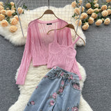 Purpdrank - Women Sweet Korean Pink Sweet 3 Pieces Set For Women Knitted Sling Vest +sunscreen+floral Print Wide Leg Denim Long Pants Suits