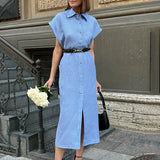 Purpdrank  Light Ripe Blue High Waisted Lace Up Dress Autumn Design Sense with A Lapel Cotton Linen Shirt Skirt and Long Skirt