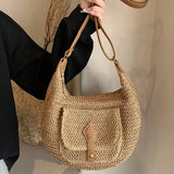 Purpdrank  Fashionable Rattan Handmade Shoulder Bag Solid Color Adjustable Shoulder Strap Crossbody Bag Versatile Women's Bag