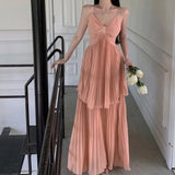 Purpdrank  Sweet V-Neck Pink Dress Women Spaghetti Straps Sleeveless Chiffon Pleated Casual Beach Dress Sexy Slim Long Dress