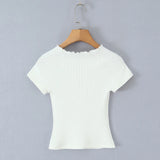 Purpdrank  Women Hollow out Through Buttons Pearl Knitted Short Sleeve Sweater Crop Pullovers Knitwear All Match Knitting Tops Jumper