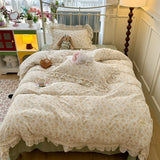 Purpdrank  French Floral Lace Ruffles Bedding Set Double Layer Yarn Pure Cotton Duvet Cover Set Pillowcases With Flat/Fitted Bed Sheet 4Pcs