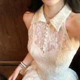 Purpdrank  Slim-fitting Temperament Cheongsam Lace Splicing Dress with Waist Slimming Summer New Retro Skirt