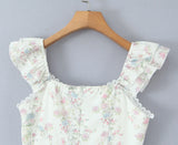 Purpdrank  Sexy Floral Print Spliced Lace V neck Ruffles Strap Sling Dress Women Wood ears Low Waist Short Dresses Swing A-lined Robe