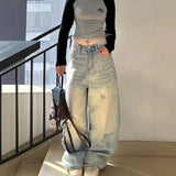 Purpdrank  Retro Light Blue Ripped Denim High Waist Wide Leg Floor-Length Pants Women's Elastic Straight Cut High Waist Jeans Autumn Hot Sa