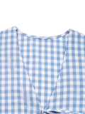 Purpdrank  Holiday Style V-neck Puff Sleeve Plaid Shirt Top Women Fashion 2025 Summer Boho Lace Up Casual Short Blouses