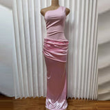 Purpdrank  Lady Elegant Sleeveless Dress Fashion Asymmetry Slash Collar Spliced Satin Dress Summer New Solid Color Hollow Out Evening Dress