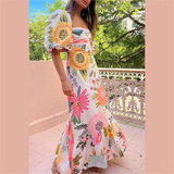 Purpdrank  Summer New Women's Fashion and Elegance Slim Fit Versatile Printed Embroidered Square Neck Dress