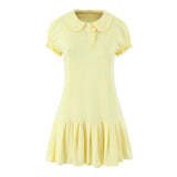 Purpdrank  Cute Youthful Doll Collar Pleated Short Skirt Women's Fashion Mini Dress Bubble Sleeve Waist Cinched College Style Chic