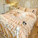 Purpdrank  100% Cotton Korean Princess Style Three-layer Ruffles Bow Bedding Set Duvet Cover Bed Skirt Bedspread Pillowcases Wedding Gifts
