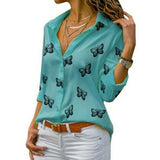 Purpdrank Women Long Sleeve Blouse Oversized Spring Autumn Turn Down Collar Loose Office Lady Casual Butterfly Printing Basic