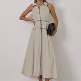 Purpdrank  Cotton Linen Contrast Dress Women Lapel Single Breasted Sleeveless Vestidos Female 2025 Spring Summer Chic High Waist Dresses
