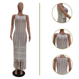 Purpdrank  Sexy Crochet Hollow Out Summer Beach Dress Women Sleeveless See Through High Waist Tassel Hem Vacation Maxi Long Dress Sundress