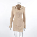 Purpdrank  Irregular Pleated Bodycon Dress For Women's Wrinkled Fabric Long-sleeved Waist-cinching Elegant Casual Khaki Comfortable Dress