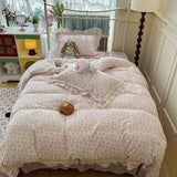 Purpdrank  French Floral Lace Ruffles Bedding Set Double Layer Yarn Pure Cotton Duvet Cover Set Pillowcases With Flat/Fitted Bed Sheet 4Pcs