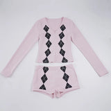 Purpdrank  Fashion Argyle Print Matching Set Women's Zip-up Front V-Neck Long Sleeve T Shirt&Shorts 2 Piece Outfit Casual Lounge Wear