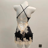 Purpdrank  Sexy Pajamas for Women Nightwear Ice Silk Lace Beautiful Back Suspender Pajama Night Dress Elegant Strap Sweet Nightgown