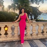 Purpdrank  summer new solid color sleeveless one-shoulder water ripple long slim-fitting women's dress