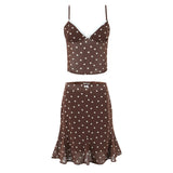 Purpdrank  Sexy Coffee Polka Dot Chiffon Lacing up Backless Camisole Tank Top + Zipper Low Waist Knee Length Mermaid Skirt 2 Pieces 1 Set