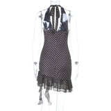 Purpdrank  Women's Sexy Polka Dot Halter Neck Bodycon Mini Dress Ruffle Hem Asymmetrical Party Dress