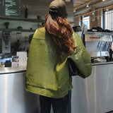Purpdrank  Fashion Green Leather PU Jacket Women Loose Laple Zipper Long Sleeve Single Breasted Pocket Coat 2025 Autumn New Lady Streetwear