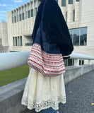 Purpdrank  Splicing Denim Versatile Large Capacity Tote Bag Plate Flower Three-dimensional Embroidery Large Bags