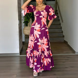 Purpdrank  Summer Europe Romantic Women's Dress Square Collar Belt Pocket Ruffled A-line Beach Vestidos Femme
