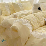 Purpdrank  Fashion Lattice Bedding Set Bed Sheet Cute Princess AB Double Sided Ruffle Flower Quilt Cover Pillowcase Bedclothes Home Textile