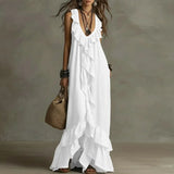 Purpdrank  Women's Boho Ruffle Irregular Hem Maxi Dress Spring Deep V Neck Loose Party Long Dresses New Summer Sleeveless Solid Beach Dress