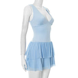 Purpdrank  Summer Sleeveless Mini Dress Women Clothing Solid Color V-neck Sexy Bodycon Pleated Dress High Waist Open Back Vestidos