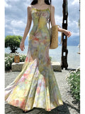 Purpdrank  Women Summer Holiday Beach Long Dress Vintage Printed Floral Sexy Bodycon Dress Strapless V-neck Elagant Lace-up Party Dress