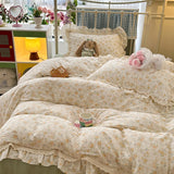 Purpdrank  French Floral Lace Ruffles Bedding Set Double Layer Yarn Pure Cotton Duvet Cover Set Pillowcases With Flat/Fitted Bed Sheet 4Pcs