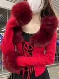 Purpdrank  Women Fur Patchwork Sexy Turn Down Collar Cardigan Vintage Fairy Cropped Sueter Mujer Y2k Aesthetic Bandage Slim Fit Sweaters